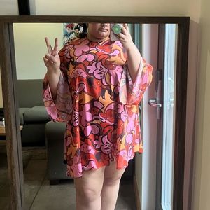 Asos Twisted Wunder Plus retro bell sleeve mini swing dress in boho 70s print